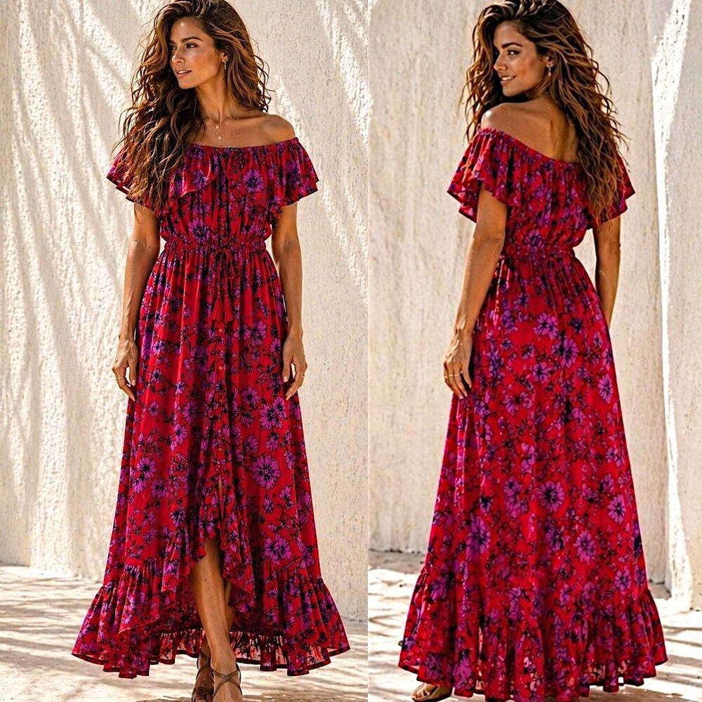 Romantic Flowy Sz L Red Purple Floral Off Shoulder Hi Low Boho Belt Maxi Dress